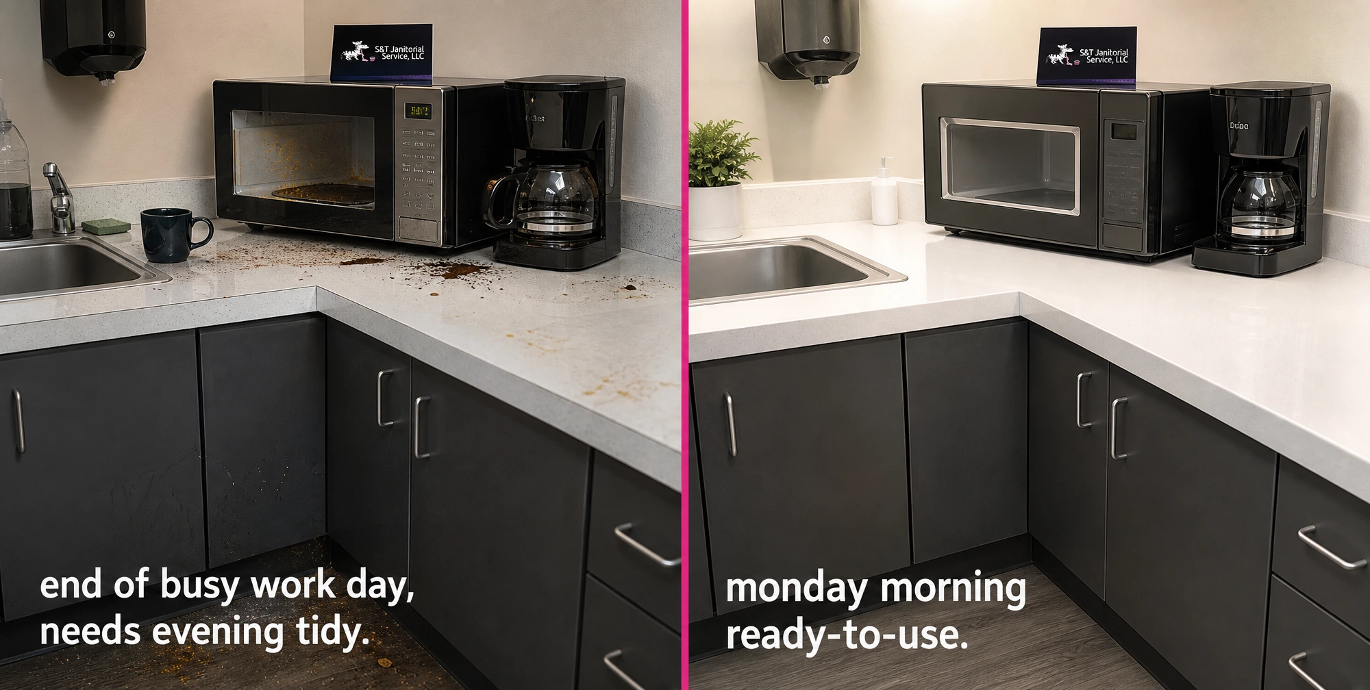 Break rooms — before and after commercial cleaning by S&T Janitorial