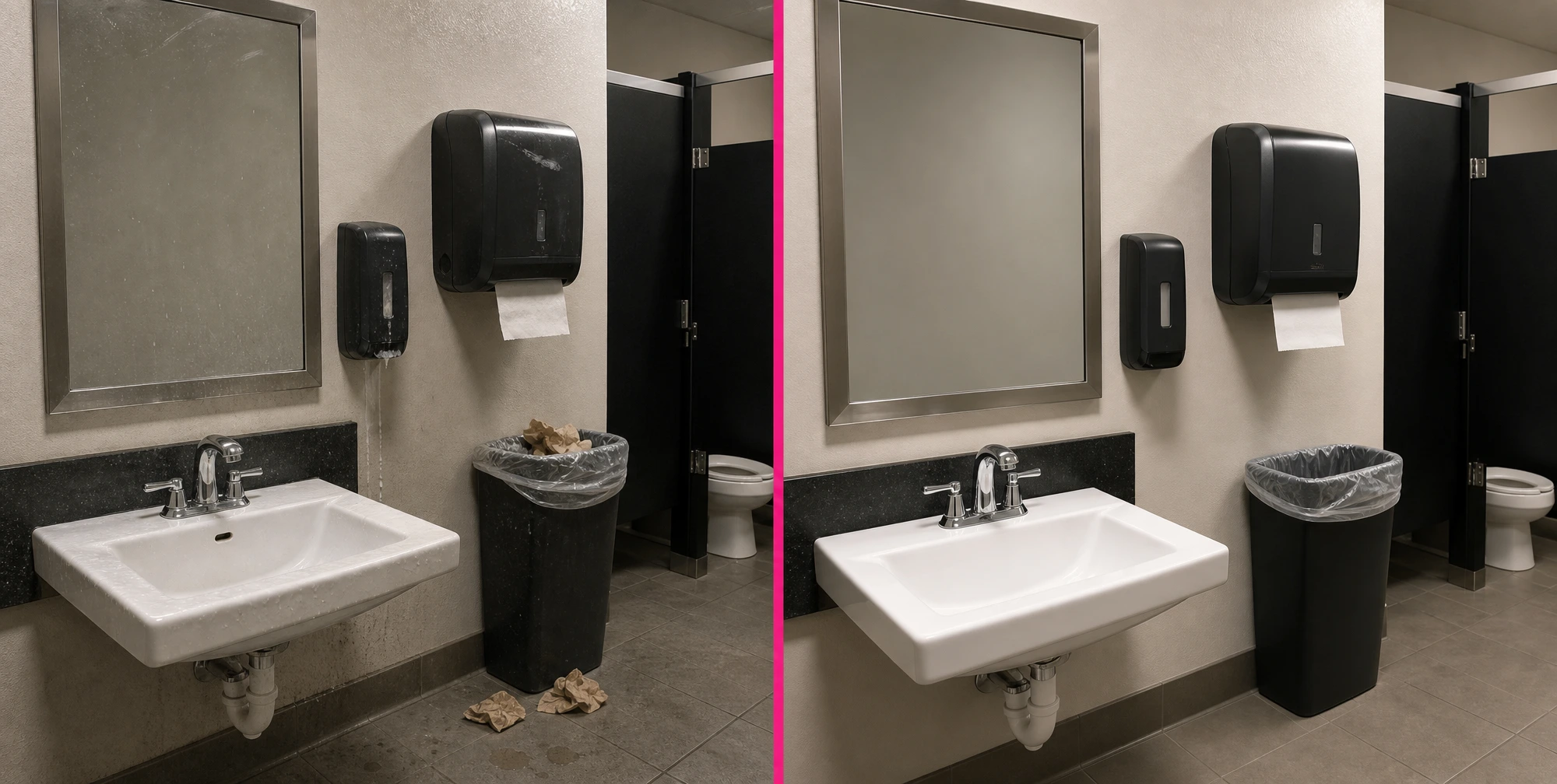 Restrooms — before and after commercial cleaning by S&T Janitorial